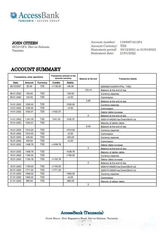 Tanzania Access Bank statement template in Word and PDF format download template file