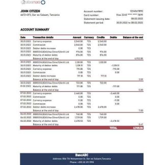 Tanzania BancABC bank statement, Excel and PDF template download template file