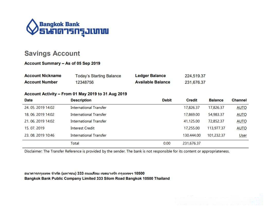 Thailand Bangkok Bank Savings Account statement template in Word and PDF format download template file