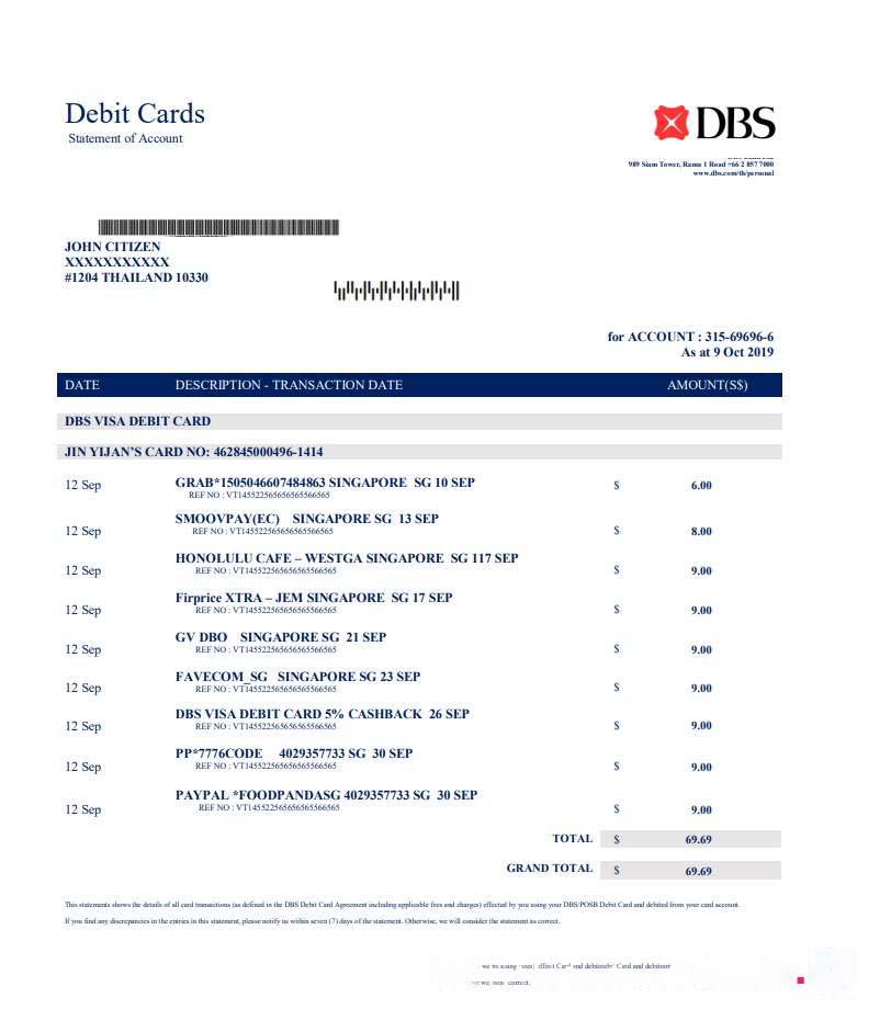 Thailand DBS bank proof of address statement template in Word and PDF format download template file