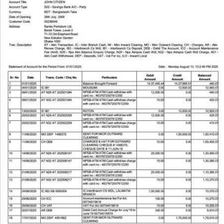 Bangladesh Bank Asia account statement Word and PDF template download template file
