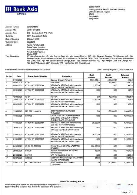 Bangladesh Bank Asia account statement Word and PDF template download template file