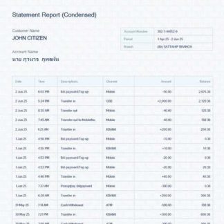 Thailand TMBThanachart Bank statement report Word and PDF template download template file