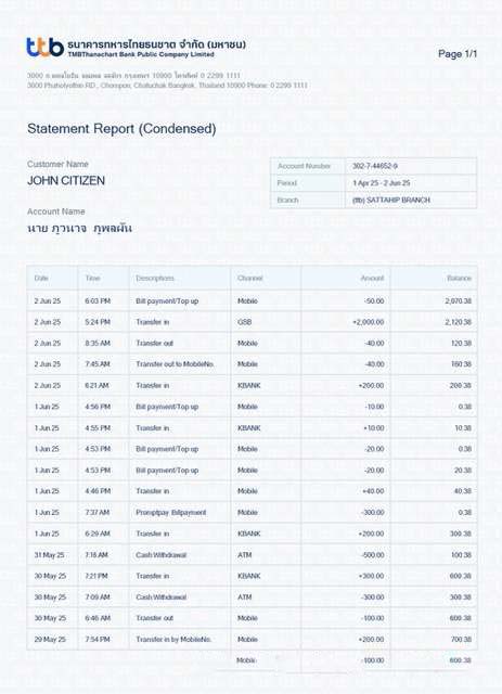 Thailand TMBThanachart Bank statement report Word and PDF template download template file