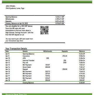 Togo Financial Bank statement download template file