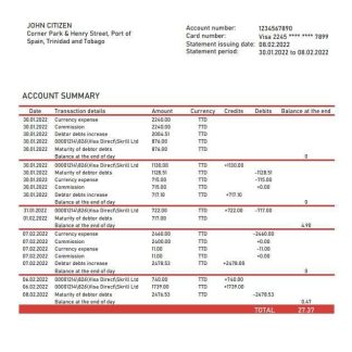 Trinidad and Tobago First Citizens bank statement download template file