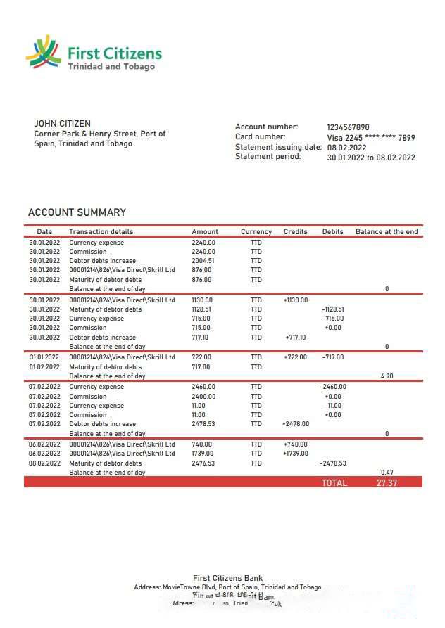 Trinidad and Tobago First Citizens bank statement download template file