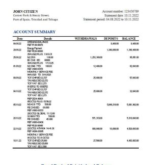 Trinidad and Tobago Royal bank statement, Excel and PDF template download template file