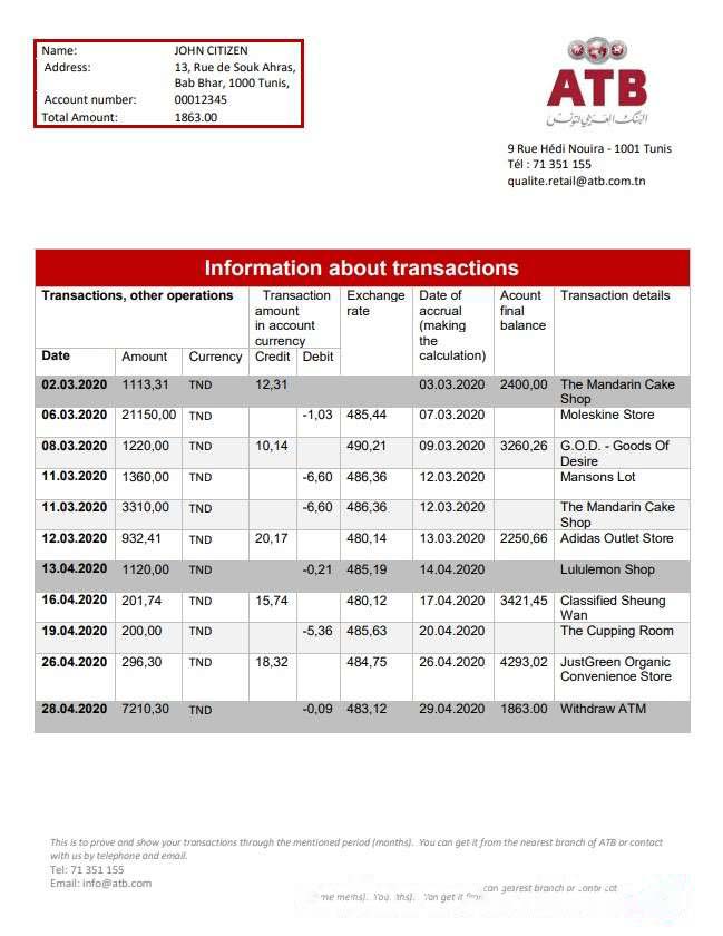 Tunisia ATB bank proof of address statement template in Word and PDF format (.doc and .pdf) download template file