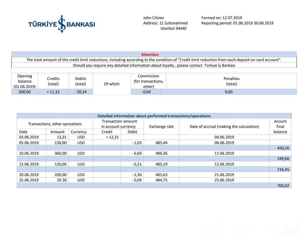 Turkey Bankasi bank proof of address statement template in Word and PDF format, fully editable download template file