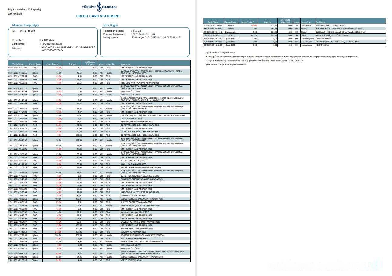 Turkey Bankasi bank statement 2 pages download template file