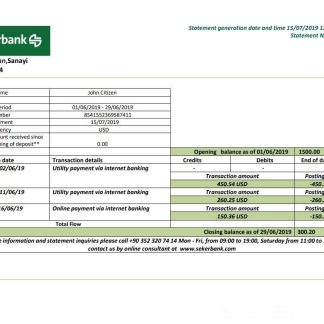 Turkey Sekerbank bank statement template in .doc and .pdf format, fully editable download template file