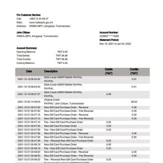 Turkmenistan HalkBank bank statement template, Word and PDF format (.doc and .pdf) download template file
