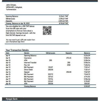 Turkmenistan Rysgal bank statement download template file