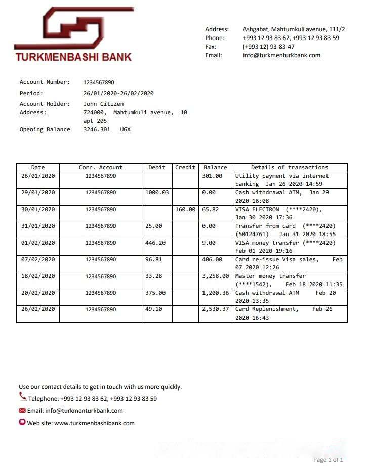Turkmenistan Turkmenbashi Bank statement template, Word and PDF format (.doc and .pdf) download template file