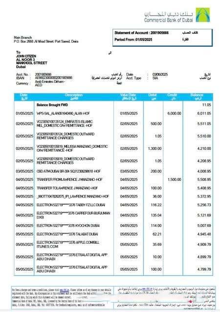 UAE Commercial Bank of Dubai statement of account Word and PDF template download template file