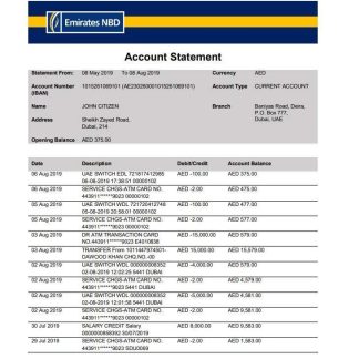 UAE Dubai Emirates NBD bank proof of address statement template in Word and PDF format download template file