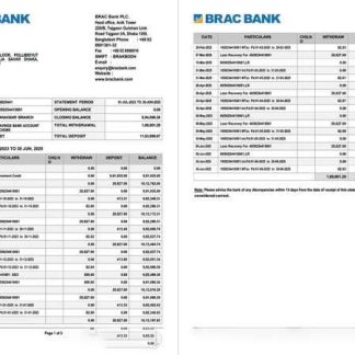 Bangladesh BRAC Bank account statement Word and PDF, 2 pages download template file
