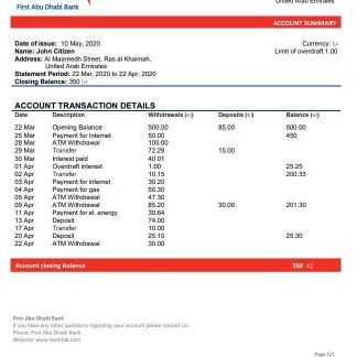 UAE First Abu Dhabi bank statement easy to fill template in Word and PDF format download template file