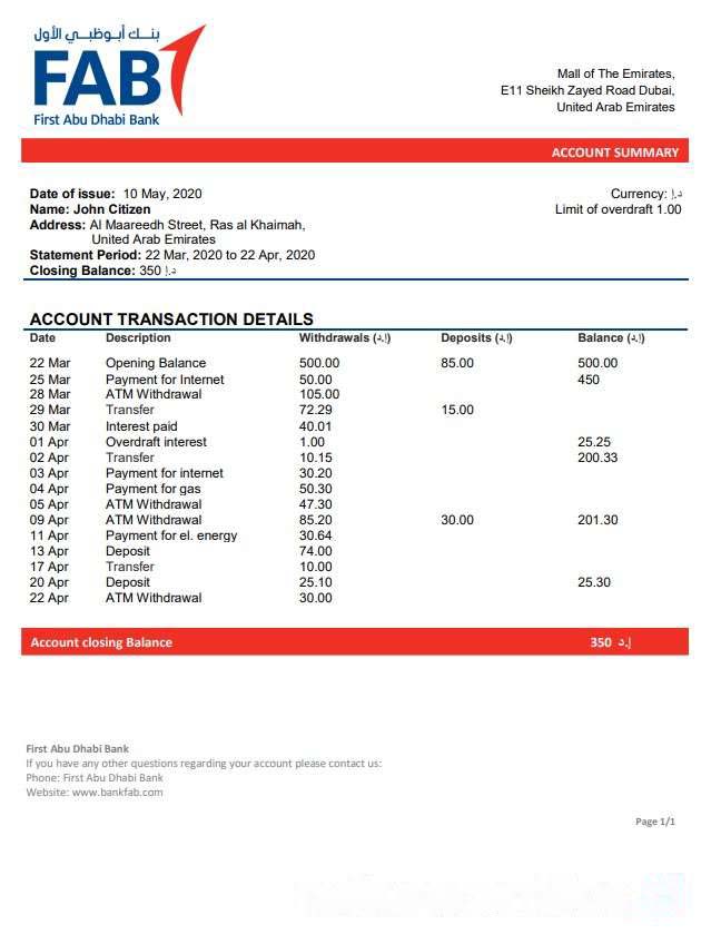 UAE First Abu Dhabi bank statement easy to fill template in Word and PDF format download template file