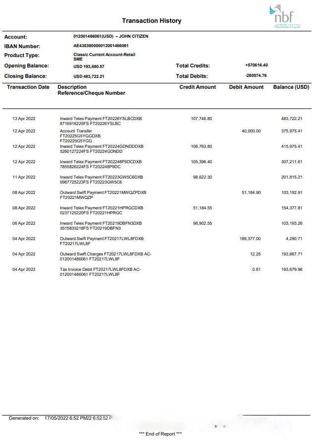 UAE Fujeirah National bank (NFB) statement download template file