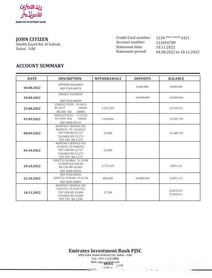 UAE Investment Bank statement download template file