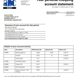 Uganda ABC Bank of Uganda proof of address bank statement template in Word and PDF format (.doc and .pdf) download template file