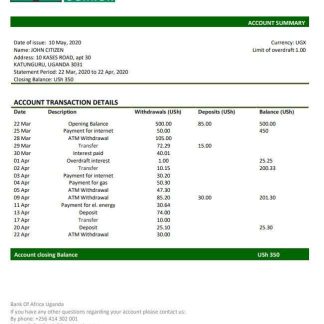 Uganda Bank of Africa proof of address bank statement template in Word and PDF format download template file