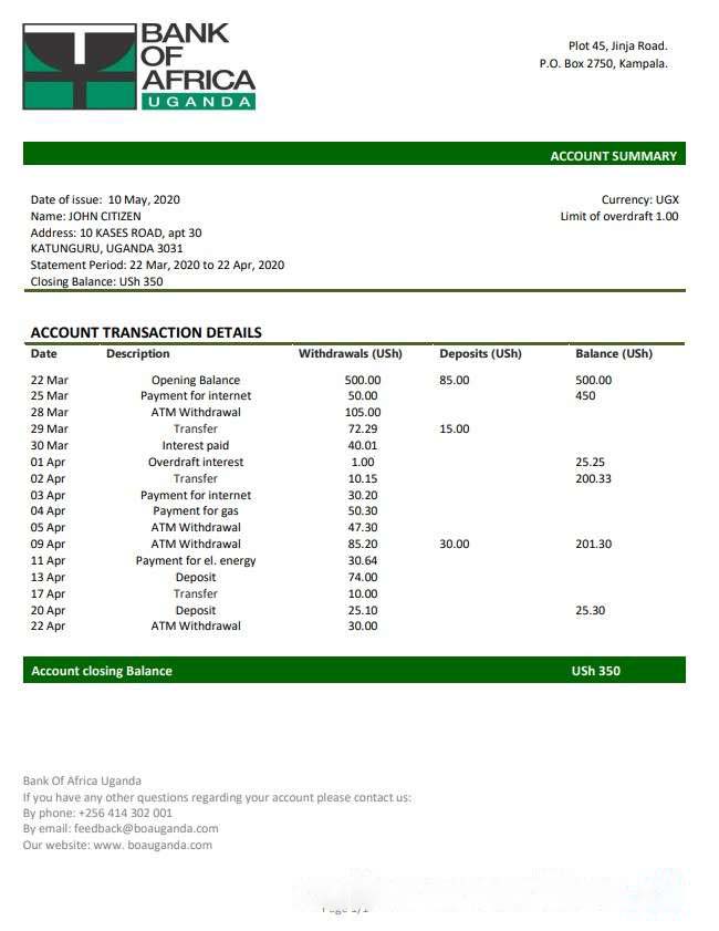 Uganda Bank of Africa proof of address bank statement template in Word and PDF format download template file