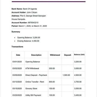 Uganda Bank of Uganda bank statement online Word and PDF template download template file