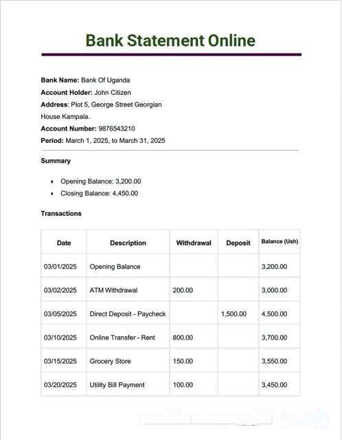 Uganda Bank of Uganda bank statement online Word and PDF template download template file