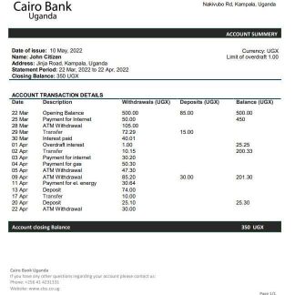 Uganda Cairo bank statement download template file