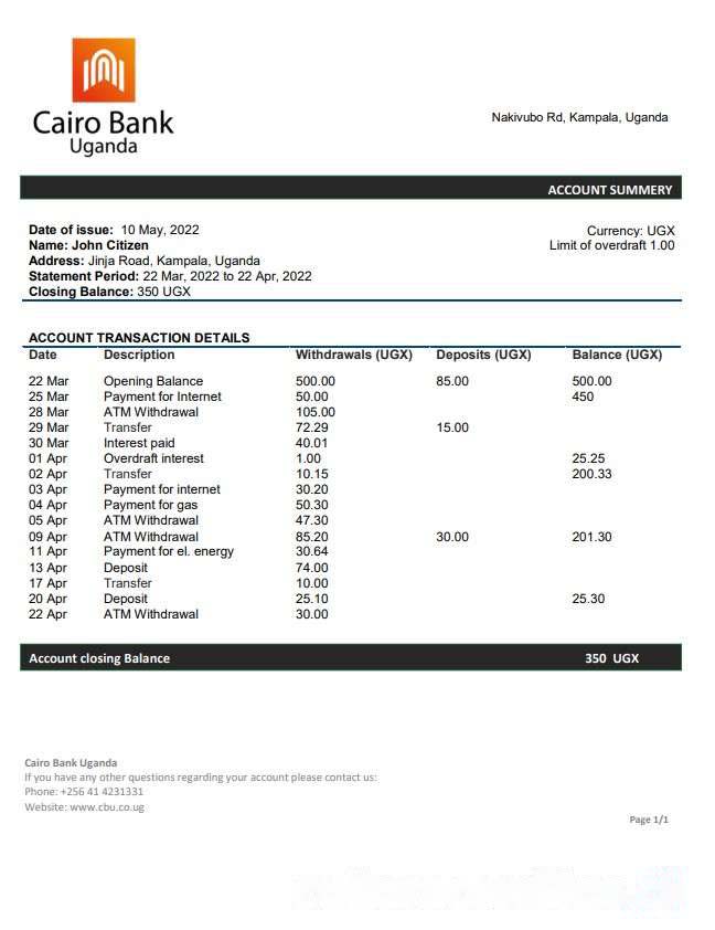 Uganda Cairo bank statement download template file
