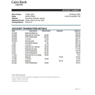 Uganda Cairo bank statement, Excel and PDF template download template file