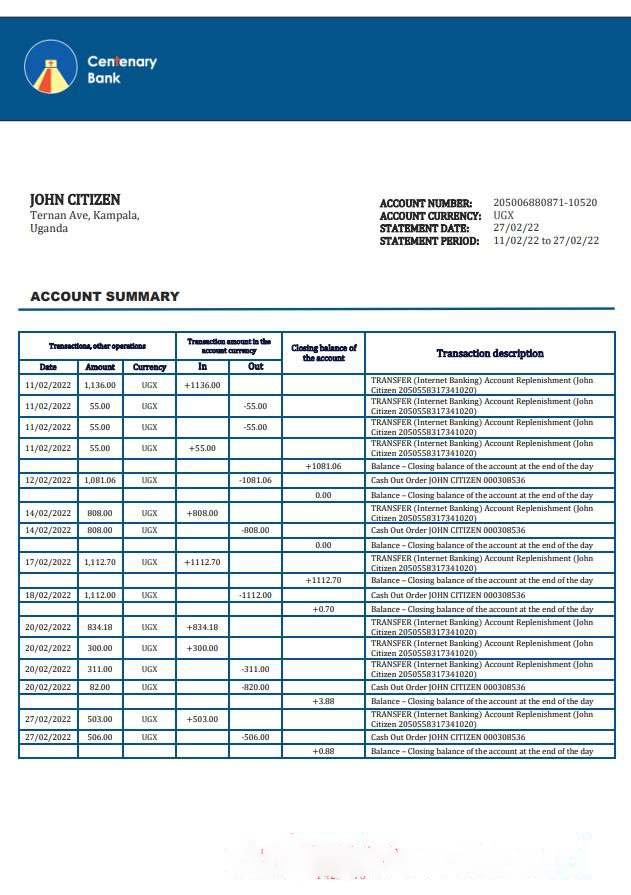 Uganda Centenary bank statement download template file
