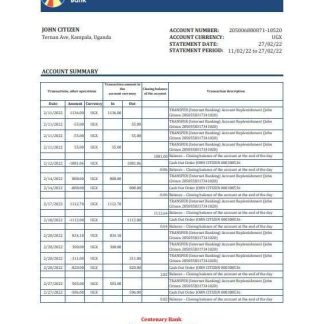 Uganda Centenary bank statement, Excel and PDF template download template file