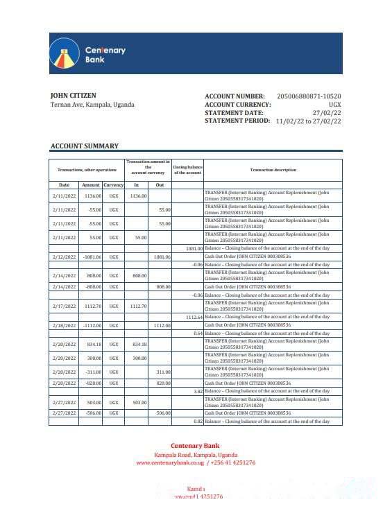 Uganda Centenary bank statement, Excel and PDF template download template file