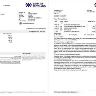 UK Bank of Scotland account statement Word and PDF template, 2 pages download template file