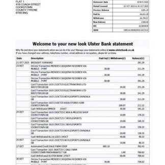 UK Ulster Bank statement Word and PDF template download template file