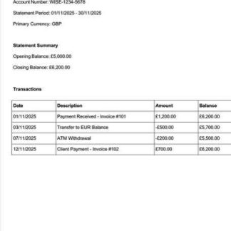 UK Wise Bank statement Word and PDF template download template file