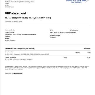 UK Wise Payments account statement Word and PDF template download template file