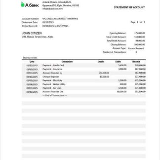 Ukraine A Bank statement of account Word and PDF template download template file