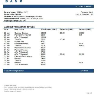 Ukraine Ukreximbank bank statement download template file