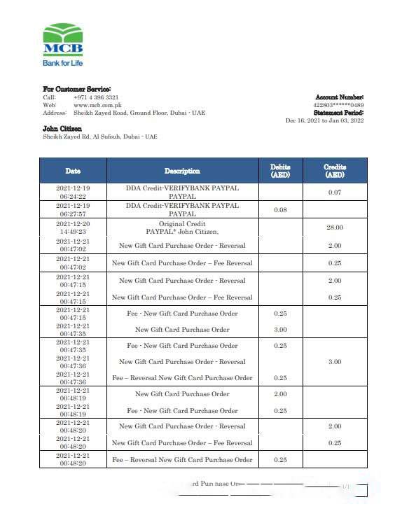 United Arab Emirates MCB bank statement template in Word and PDF format download template file