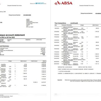 United Kingdom Absa bank statement, Word and PDF template, 2 pages download template file