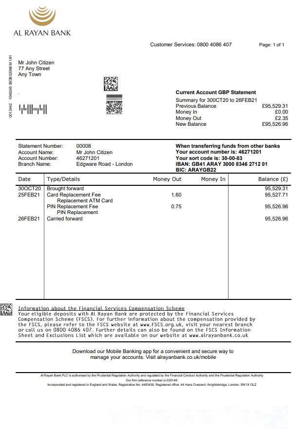 United Kingdom Al Rayan bank statement template in Word and PDF format download template file