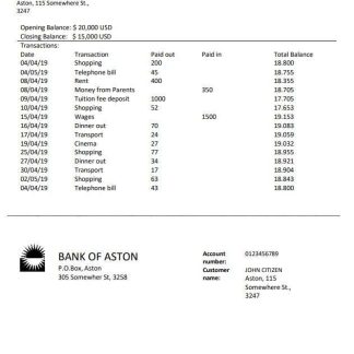 United Kingdom Bank of Aston bank statement template in Word and PDF format, good for address prove download template file