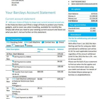 United Kingdom Barclays bank account statement template in Word and PDF format, version 1 download template file