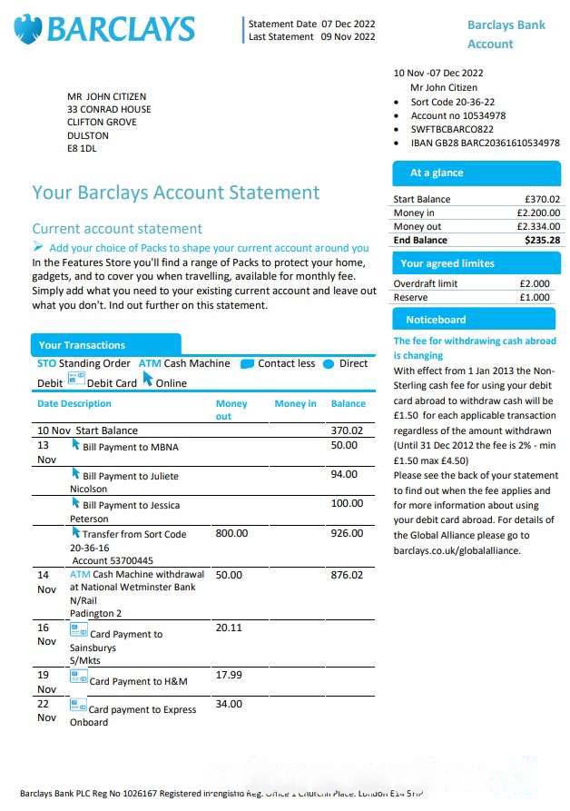 United Kingdom Barclays bank account statement template in Word and PDF format, version 1 download template file