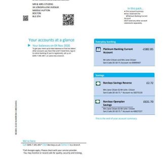 United Kingdom Barclays bank statement template in .doc and .pdf format, version 2 download template file